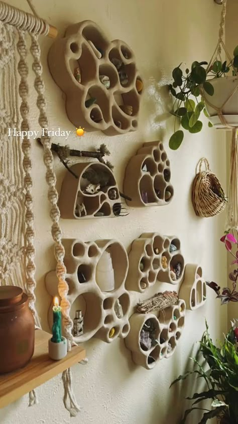 Join me as I share behind-the-scenes glimpses of the pottery making process! Mixed Media Ceramics Projects, Pottery Workshop Ideas, Paper Clay Ideas, Ceramic Hanging Art, Unique Ceramic Projects, Powertex Ideas Inspiration, Ceramics Wall Art, Air Dry Clay Shelf, Clay Room Decor Diy