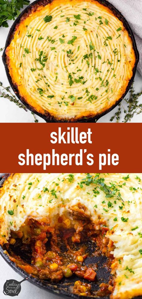 Skillet Shepherd's Pie! This easy shepherd's pie is made right in your cast iron skillet. Made with ground beef or lamb and vegetables, and topped with fluffy mashed potatoes. This is the perfect weeknight dinner! Shepherds Pie Recipe Skillet, Skillet Shepards Pie Recipe, Shepherds Pie Recipe With Lamb, Shepherds Pie Recipe Cast Iron Skillet, Cast Iron Shepherds Pie Recipe, Skillet Shepard’s Pie, Sheppards Pie Recipe, Ground Turkey Shepherd's Pie, Sheppard Pie