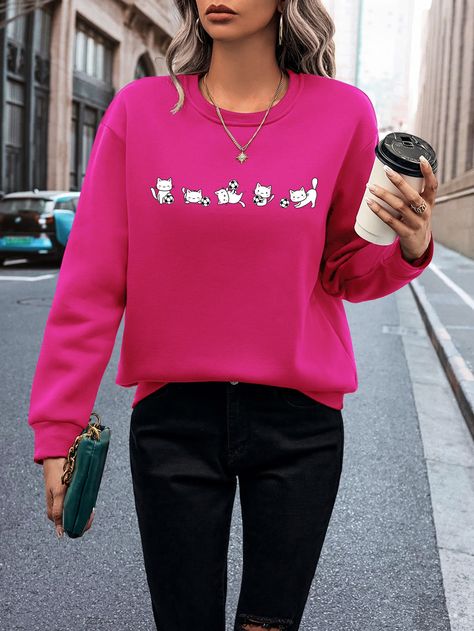 Hot Pink Casual Collar Long Sleeve Fabric Cartoon Pullovers Embellished Slight Stretch  Women Clothing Champion Outfit, Drop Shoulder Sweatshirt, Women Sweatshirts, Dropped Shoulder Sweatshirt, Embroidered Hoodie, Maternity Bag, Drop Shoulder, Women Clothes Sale, Women Clothing