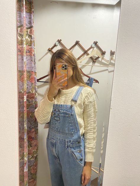 Cableknit Sweater, Overall Outfit, Guitar Girl, White Knit Sweater, Girls Denim, Denim Overalls, Dungarees, Overall Shorts, Knit Sweater