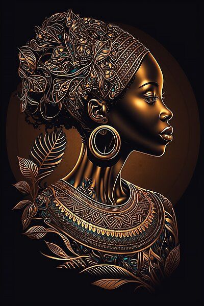 Drawing Of African Woman, Black And Gold African Art, Black African Woman Art, African Queen Art, Black Female Art, African Wallpaper, African Woman Portrait, Africa Drawing, African Portraits Art