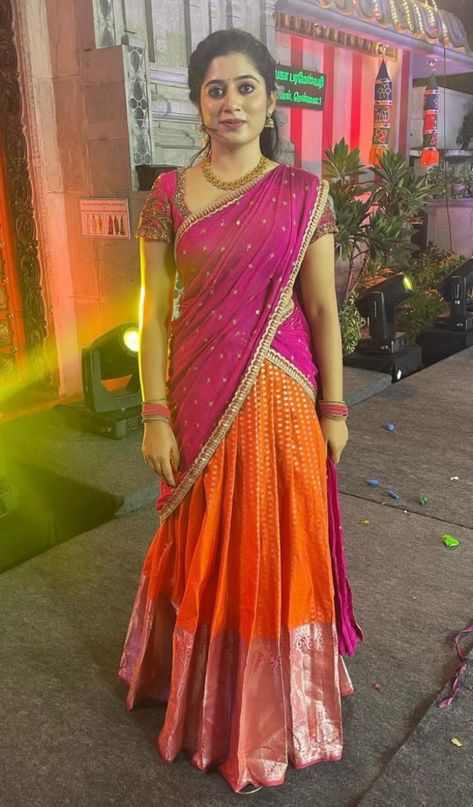 Orange Pink Half Saree, Dhavani For Wedding Function, Pattu Saree Half Saree, South Lehenga Half Saree, Pink And White Half Saree, Half Saree Simple Traditional, South Indian Lehenga Half Saree Simple, Simple Langa Voni Half Saree, Pattu Langa For Women