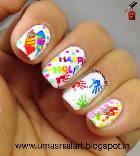 Uma's Nail Art: Holi Nails... Holi Special Nail Art Design, Holi Nails Design, Holi Special Nail Art, Holi Nail Art Design, Holi Nails Art, Holi Nails, Festival Nail Art, Baby Nail Art, Simple Nail Art Videos