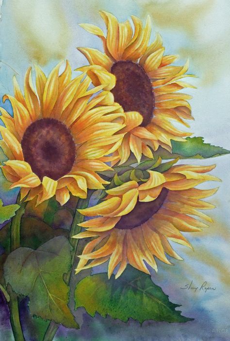 sherryroper on etsy Watercolor Paintings Easy, Pola Sulam, 수채화 그림, Sunflower Art, Sunflower Painting, Oil Painting Flowers, Beginner Painting, Flower Art Painting, Landscape Wall