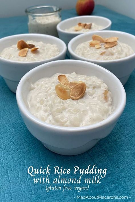 Quick Almond Milk Rice Pudding, made in 35 mins with just delicious cupboard ingredients  #ricepudding #almondmilk #veganbreakfasts #glutenfreebreakfast #comfortfoods #pantryrecipes #quickricepudding #rizaulait Almond Milk Rice Pudding Recipe, Rice Pudding With Almond Milk, Quick Rice Pudding, Almond Milk Rice Pudding, Rice Pudding Vegan, Milk Rice Pudding, Rice Puddings, Arabic Dishes, Almond Rice