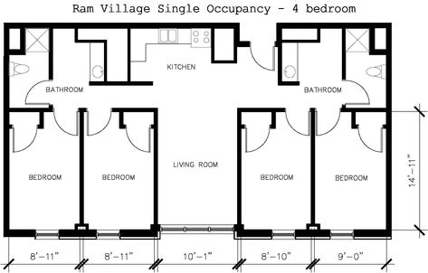 Ram Village Apartments - Single Occupant (1-4 Bedrooms) - UNC Housing Dorm Room Architecture, Dorm Planning, Student Accomodation, Dorm Layout, University Apartment, Row House Design, Campus Apartment, Hostels Design, Hall Room