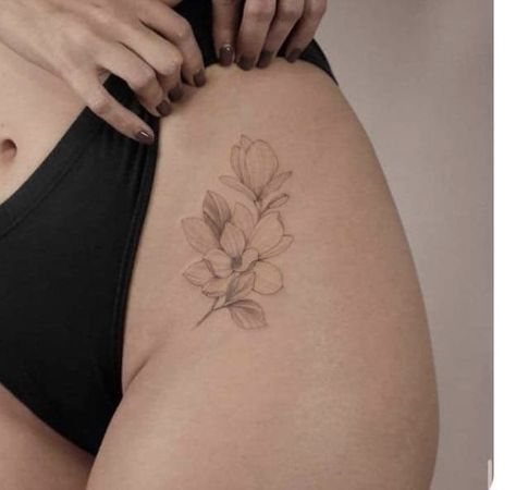 Pelvic Tattoo Hip, Pelvic Tattoo, Pelvic Tattoos, Floral Hip Tattoo, Flower Hip Tattoos, Upper Thigh Tattoos, Tiny Flower Tattoos, Tattoo Hip, Magnolia Tattoo