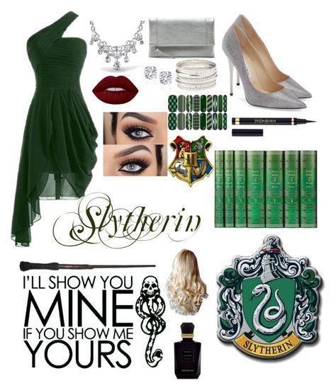 "Slytherin" by zemcculloch on Polyvore featuring Jimmy Choo, Sole Society, Charlotte Russe, Bling Jewelry, Lime Crime, Yves Saint Laurent and Keiko Mecheri Slytherin Inspired Outfits, Slytherin Yule Ball, Maquillage Harry Potter, Slytherin Clothes, Slytherin Outfit, Narcissa Malfoy, Harry Potter Dress, Slytherin Fashion, Stile Harry Potter