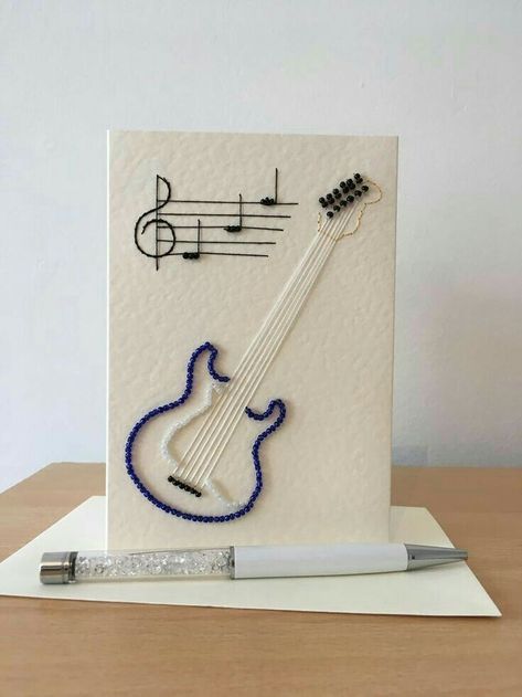 Aesthetic Greeting Cards Handmade, Beaded Guitar, Guitar Birthday, Birthday Card Handmade, Birthday Card Drawing, Three Fold, Card Drawing, Birthday Cards For Men, Fold Cards