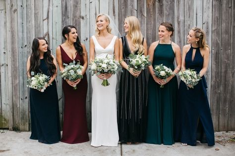 Jewel Tone Wedding Colors, Jewel Tone Bridesmaid, Bridesmaid Color, Women Standing, Fall Bridesmaids, Fall Bridesmaid Dresses, Jewel Tone Wedding, Bridesmaid Colors, Mismatched Bridesmaids