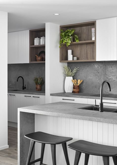 Concrete Look Benchtop Kitchen, Concrete Kitchen Splashback, Polished Concrete Benchtop Kitchen, Concrete Look Benchtop, Caesarstone Rugged Concrete Kitchen, Rugged Concrete Quartz Countertops, Concrete Kitchen Bench, White Kitchen Concrete Countertops, Modern Kitchen Splashback Ideas