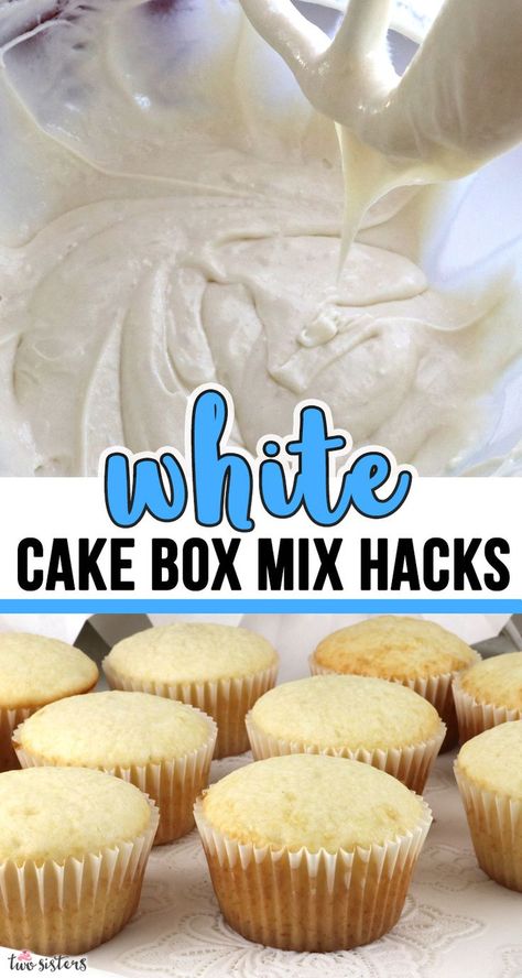 Our favorite Tips and Tricks on White Cake Box Mix Hacks! We show you how to improve and work with cake mixes to make them taste just like homemade but even better. If you are looking for how to make a box cake mix taste delicious - this post is for you!  Pin this baking tips post for later and follow us for more Dessert Recipes. #BoxedCakeMix #CakeMixHacks #DoctoredCakeMixes Bakery White Cake Recipe, Easy Cake Mix Desserts, White Cake Box, White Cupcake Recipes, Cake Mix Cupcakes, Recipes Using Cake Mix, Boxed Cake Mixes Recipes, Mix Chocolate, Cake Mix Desserts