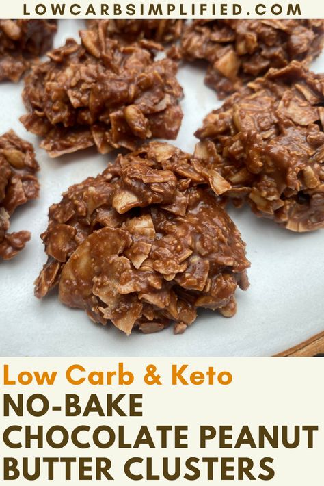 These no-bake chocolate peanut butter clusters are a breeze to make and so yummy you wouldn't guess they're low-carb and keto friendly! Keto No Bake Chocolate Peanut Butter Coconut Bars, Keto Chocolate Nut Clusters, Cluster Recipes, Keto Coconut Clusters, Chocolate Peanut Butter Clusters, Peanut Butter Clusters, Chocolate Peanut Butter No Bake, Thm Cookies, Almond Butter Snacks