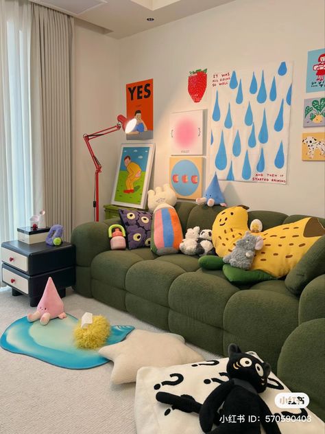 Stuffed Toys Aesthetic Room, Colorful Couches Aesthetic, Cloud Couch Colorful, Kawaii Maximalist Room, Maximalist Kawaii Bedroom, Dream Apartment Decor, Future Apartment Decor, Dream House Rooms, Apartment Decor Inspiration