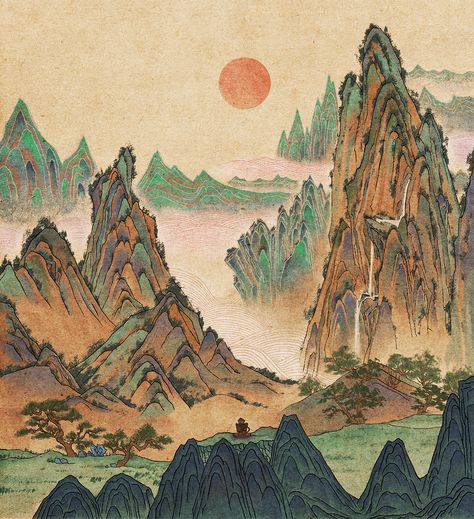 Asian Mountain Painting, Chinese Ancient Painting, Chinese Artwork, Chinese Landscape Painting, Chinese Landscape, Inspirational Artwork, Japanese Painting, Mountain Paintings, Chinese Painting