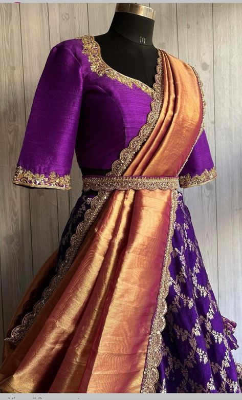 Purple Half Saree South Indian, South Lehenga, Lehenga Designs Traditional, Croptop Lehenga Designs, Bridal Half Saree, Pattu Lehenga Half Saree, Traditional Half Saree Designs, Pattu Half Saree, Honey Dress