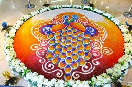 30 Best Simple and Easy Rangoli Designs With Pictures | Styles At Life Theme Rangoli, Peacock Rangoli Design, Happy Diwali Rangoli, Best Rangoli Design, Wedding Peacock, Unique Rangoli, Rangoli Designs For Competition, Indian Rangoli Designs, Peacock Rangoli