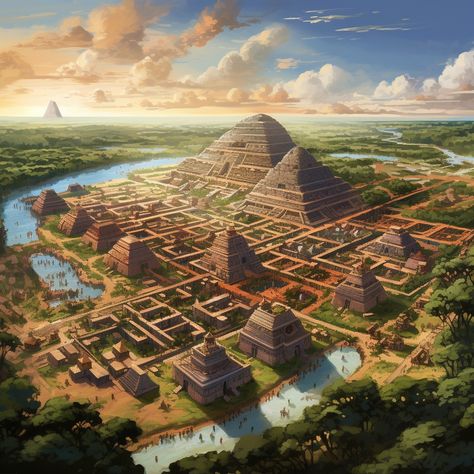 Mayan Civilization Art, Mayan City Concept Art, Aztec City Concept Art, Mayan Fantasy Art, Mayan Concept Art, Jungle Civilization, Maya Architecture, Mesoamerican Architecture, Aztec City