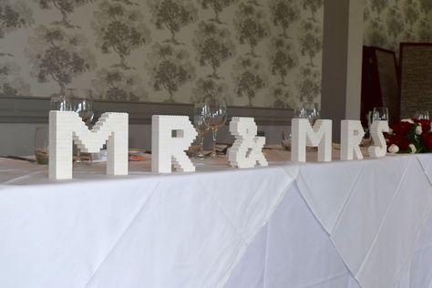 Lego Wedding Mr and Mrs Letters Lego Table Centerpieces, Lego Themed Wedding, Lego Wedding Cakes, Lego Letters, Wedding Mr And Mrs, Themed Wedding Ideas, Lego Designs, Lego Wedding, Harry Potter Wedding Theme