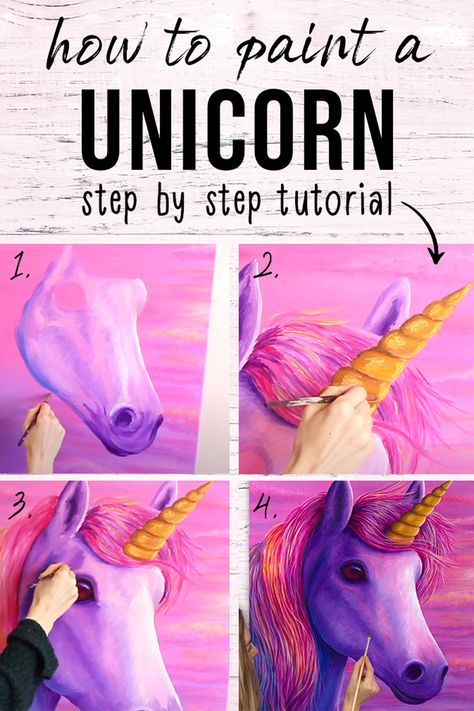 Learn how to paint a cute and colorful unicorn in acrylic paints with this fun step by step art tutorial from Rachel Froud 🦄 Create a pretty pink unicorn painting using acrylic paints, perfect to hang up on your wall! How To Paint A Unicorn Step By Step, Unicorn Painting Ideas, Unicorn Painting Canvas, Unicorn Acrylic Painting, Unicorn Paintings, Step By Step Art, Unicorn Paint, Lauren Elizabeth, Unicorn Painting