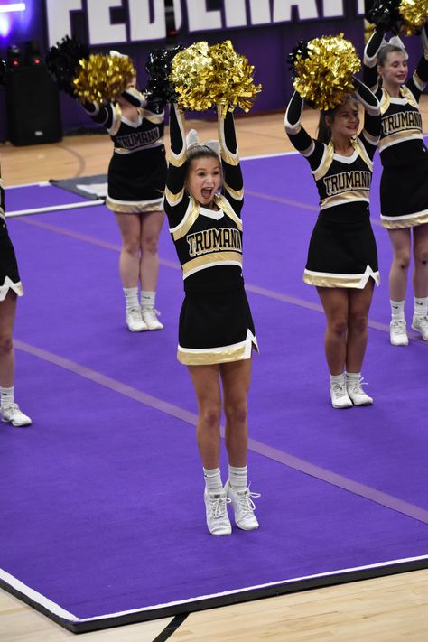 Black Gold And White Cheer Uniforms, Gold And White Cheer Uniforms, Black And Gold Cheer Uniforms, Black Cheer Uniforms, High School Cheer Uniforms, Cheer Photo Poses, Cheerleading Poses, Cheer Photo, Cheer Costumes