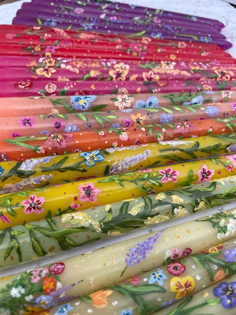 Hand Painted Floral Taper Candles - Etsy Floral Taper Candles, Unique Taper Candles, Paint Taper Candles Diy, How To Make Taper Candles, Painted Tapered Candles, Wax Painting Candles, Painted Candlesticks Diy, Multicolor Candles, Painted Pillar Candles