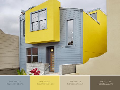 This wonderful House Exterior has 2 colors combination with Cadet Grey and Meat Brown. Home Exterior Colors Combinations, Grey House Exterior, Green Girls Rooms, Exterior Paint Color Combinations, Exterior Color Combinations, Main Gates, Yellow Color Combinations, Gray House Exterior, Color House