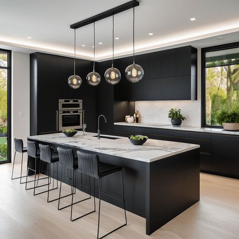 41 Luxurious Black Kitchen Ideas Black Themed Kitchen Ideas, Black Kitchen And Dining Room, Black White Kitchen Modern, Black And White Kitchen Ideas Modern, Beige Bedroom Colors, Hemp Wall, Luxury Black Kitchen, Contemporary Black Kitchen, Black Kitchen Ideas