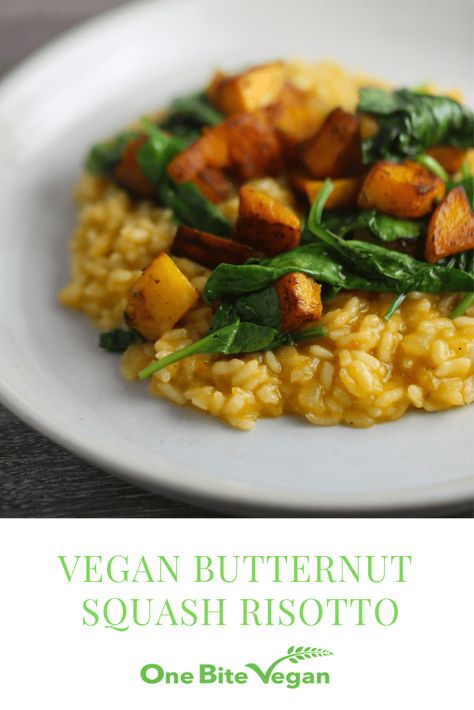 A delicious vegan Butternut Squash and Spinach Risotto from One Bite Vegan magazine. Spinach Risotto, Vegan Magazine, Vegan Risotto, Vegan Butternut Squash, Asian Vegetarian Recipes, Lunch Club, Squash Risotto, Butternut Squash Risotto, Italian Comfort Food