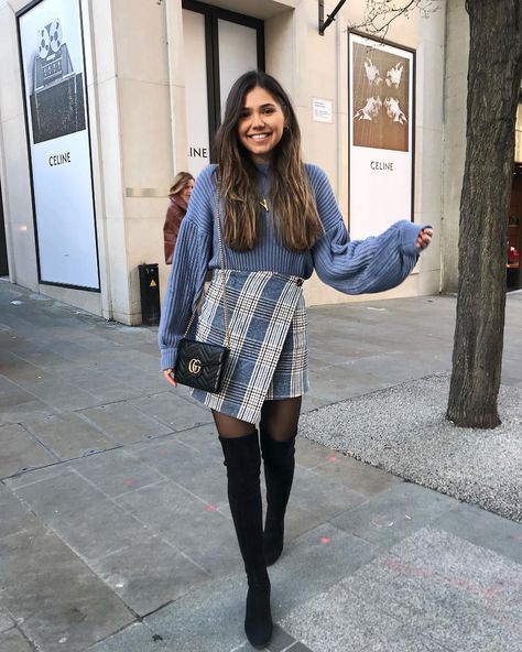 Blue Checkered Skirt Outfit, Checkered Mini Skirt Outfit, Blue Plaid Skirt Outfit, Kd Outfits, Checkered Skirt Outfit, Checked Skirt Outfit, Long Sleeve Prom Dress Short, Blue Check Skirt, Blue Shorts Outfit