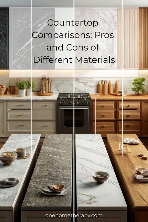 Uncover everything you need to know about countertop materials in our comprehensive guide! Whether you prefer the classic sophistication of granite or the contemporary charm of quartz, we break down the advantages and disadvantages of each option. Make a well-informed choice for your kitchen or bathroom remodel with valuable insights from our guide. Two Different Countertops In One Kitchen, Kitchen Tops Counter Quartz, Kitchen Ideas With Quartz Countertops, Quartz Kitchen Countertops Ideas, Heat Resistant Countertops, 2 Countertop Colors In Kitchen, Quartz Or Granite Countertops, Countertop Options By Price, Granite Or Quartz Countertops