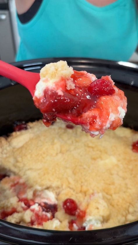 Incredible strawberry cheesecake (in the crockpot) | ice cream, dessert, cream cheese, cake, strawberry pie | Incredible strawberry cheesecake (in the crockpot) Olivia uses strawberry pie filling, cream cheese, vanilla cake mix, butter, whipped cream and ice... | By Olivia - Facebook Strawberry Cheesecake In Crockpot, Crockpot Strawberry Dump Cake, Crockpot Strawberry Cheesecake, Strawberry Cheesecake Dump Cake Crockpot, Crockpot Cheesecake, Dump Cake Crockpot, Crock Pot Cheesecake, Crockpot Dessert, Crockpot Desserts