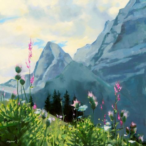 oil painting of Swiss Alps and mountain flowers Mountain Scape Painting, Mountain Flower Painting, Mountain Flowers Painting, Switzerland Painting Acrylic, Mountain And Flowers Painting, Swiss Alps Illustration, Alps Painting, Swiss Alps Painting, Mountain Inspiration