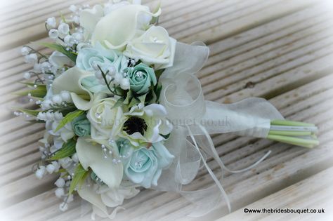 Unique brides bouquet in pretty shades of green Mint Wedding Bouquet, Mint Green Bouquet, Wedding Bouquets Mint Green, White Blue And Green Bouquet, Turquoise Flower Bouquet, Mint Green Flowers Bouquet, White Green Light Blue Bouquet, Mixed Flower Bouquet, Artificial Bridal Bouquets