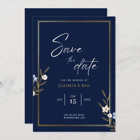 Save the Date - Elegant navy blue and gold floral | Zazzle Navy Blue And Gold, Kids Nursery Decor, Free Birthday Invitations, Free Birthday Invitation Templates, Kids Stationery, Hair Accessories Jewelry, Gold Floral, Clothing Labels, Free Birthday Stuff