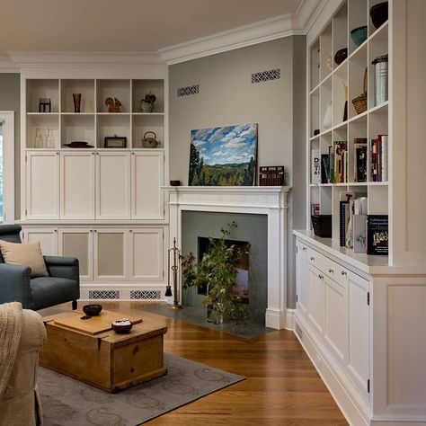 Family Room Built Ins With Corner Fireplace, Built Ins With Corner Fireplace, Corner Fireplace With Bookshelves, Corner Fireplace Built Ins, Corner Fireplace With Shelves, Corner Fireplace Remodel, Corner Fireplace With Built Ins, Update Fireplace, Fireplace With Cabinets