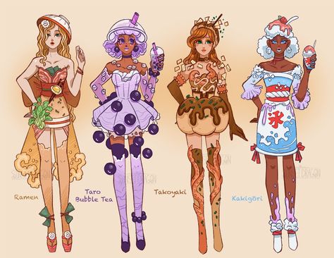 Candy Store Outfit, Candy People Art, Dessert Inspired Outfit, Dessert Themed Outfits, Food As People Drawings, Ice Cream Character Design, Food Gijinka, Candy Inspired Outfits, Candy Character Design