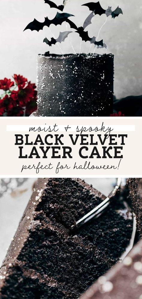 Black Velvet Cake, Black Velvet Cakes, Halloween Cake Recipes, Butternut Bakery, White Food Coloring, Halloween Birthday Cakes, Halloween Cake Decorating, Black Cocoa, Anime Cake