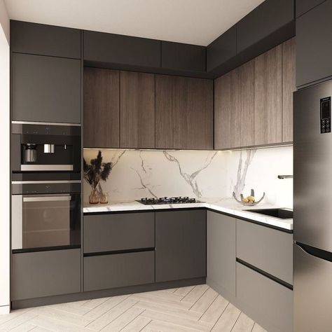 Dark Wood And Beige Kitchen, Walnut And Grey Kitchen, Grey And Brown Kitchen, Beige Fridge, Egger Kitchen Design, Small Corner Kitchen, Kitchen Grey Cabinets, Kitchen Ideas Grey, Grey Kitchen Ideas