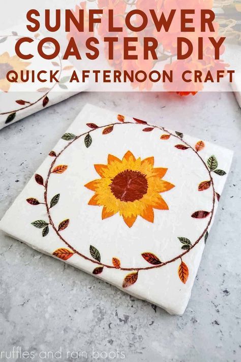 DIY Sunflower Decoupage Coasters – A Simple Summer Craft | Create your own sunflower decoupage coasters using the tips and tricks shared in this fun afternoon craft idea. Using any pattern napkin to make a set of coasters with a little ModPodge® and felt. | Follow RufflesAndRainBoots.com to see more summer crafts! Napkins And Modpodge, Sunflower Decoupage, Decoupage Coasters, Diy Sunflower, Diy Farmhouse Ideas, Afternoon Crafts, Fun Summer Crafts, Patterned Napkins, Diy Pins