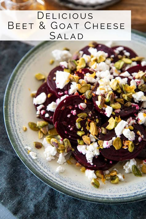 Enjoy this delicious beet goat cheese salad topped with honey, orange zest, and chopped pistachios. A fabulous fall and winter recipe. Cold Beet Salad w. Goat Cheese, Honey, + Pistachios. Delicious and easy beet salad recipe everyone will love. This is the perfect salad or appetizer for a weeknight dinner idea of easy entertaining recipe. #lmrecipes #beets #goatcheese #appetizer #salad #healhtyrecipe #foodblog #foodblogger #vegetarian Beet Goat Cheese Salad, Beet Goat Cheese, Goat Cheese Honey, Salad Quinoa, Beet And Goat Cheese, Pistachio Recipes, Beet Salad Recipes, Sliced Pears, Beet Recipes