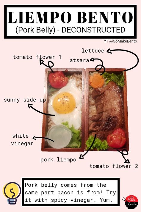 Liempo Bento - Easy Filipino Bento Lunchbox Ideas by Go Make Bento Lunch Ideas Philippines, Filipino Lunch Baon, Filipino Bento Ideas, Filipino Lunch Box Ideas, Bento Lunchbox Ideas, Bento Easy, Baguio Outfit, Bento Box Lunch For Adults, Food Art Bento