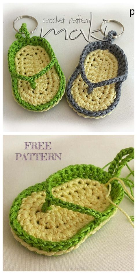 Flip Flop Keychain Crochet Free Patterns-Video Tutorial Flip Flop Keychain, Diy Crochet Slippers, Crochet Flip Flops, Keychain Crochet, Crochet Keychain Pattern, Trendy Crochet, Haken Baby, Crochet Free, Crochet Keychain