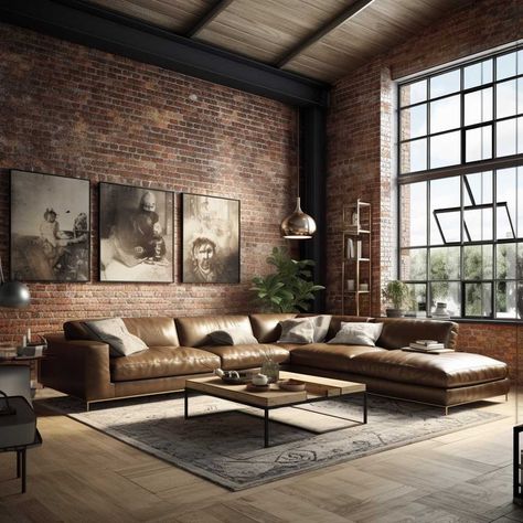 Mens Living Room Ideas, Mens Living Room, Brick Wall Living Room, Masculine Living Rooms, Industrial Style Living Room, Industrial Living Room, Brick Interior, Industrial Livingroom, Industrial Living