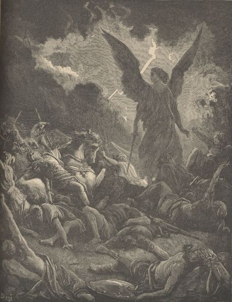 The Angel of the Lord defeating the Assyrians. Gustave Dore, Bible Illustrations, Archangel Gabriel, Biblical Art, A4 Poster, Literature Art, Angel Art, Antique Prints, Dark Fantasy Art