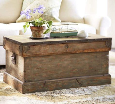 Rebecca Trunk- I love this idea to store blankets! #affiliate Wood Trunk, Coffee Table Trunk, Pottery Barn Inspired, Diy Coffee Table, Diy Pottery, Plywood Furniture, Cool Ideas, Furniture Upholstery, My New Room