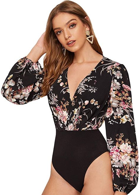 Amazon.com: Floerns Women's Floral Print V Neck Long Sleeve Tight Leotard Bodysuit Black Yellow M : Clothing, Shoes & Jewelry Wrap Bodysuit, Leotard Bodysuit, Bodysuit Tops, V Neck Bodysuit, Plunging Neck, Floral Sleeve, Bishop Sleeve, Sleeveless Bodysuit, Print Bodysuit