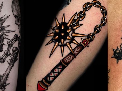 Spike Ball And Chain Tattoo, Flail Tattoo, Chain Tattoo, Armor Tattoo, Bat Tattoo, Tattoo Now, Artists And Models, Tattoo Design Book, Star Tattoos