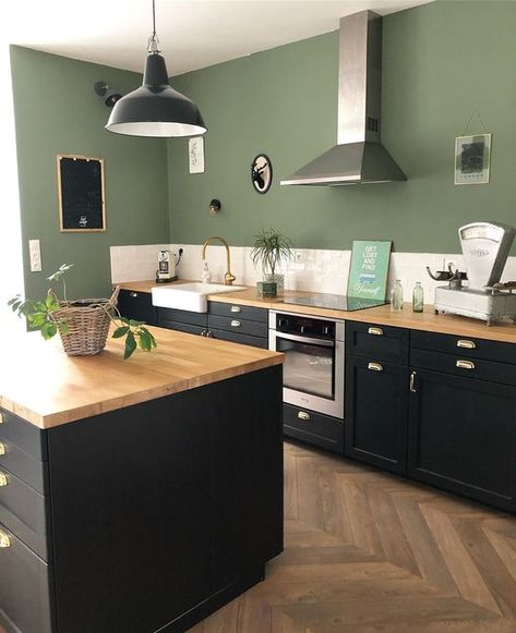 Ikea Kitchen Design, Green Walls, Black Cabinets, Ikea Kitchen, Green Kitchen, Black Kitchens, Wood Kitchen, Home Decor Kitchen, Kitchen Wall