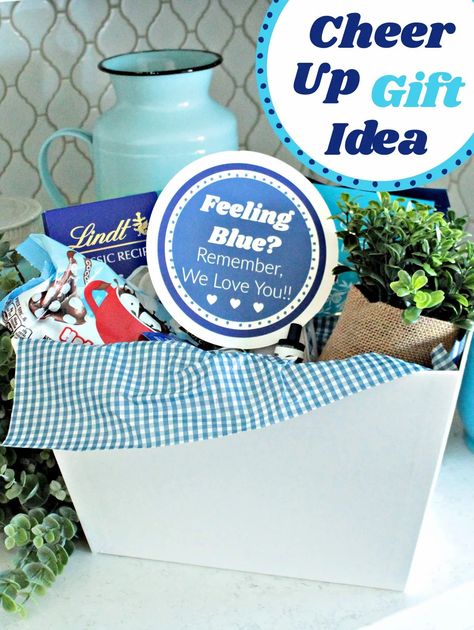 This blue themed gift idea is a perfect way to cheer someone up. It's a fun and simple cheer up gift. #cheerupgift #bluethemedgift #bluecheerupgift #sympathygift Handmade Wrapping Paper, Punny Gifts, Baskets Ideas, Blue Cheer, Creative Holiday Gifts, Secret Sister, Cheer Someone Up, Cheer Up Gifts, Themed Gift Baskets